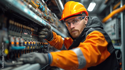 Portrait of a man in a helmet and work clothes standing in a power supply station, repair and adjustment by an electrician of an electrical panel photo