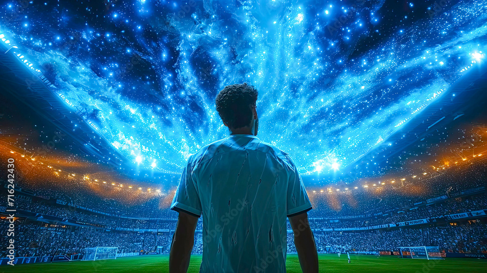 Rear view of soccer player looking at fireworks against large football stadium - obrazy, fototapety, plakaty 