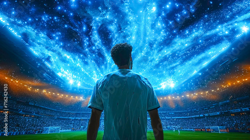 Rear view of soccer player looking at fireworks against large football stadium
