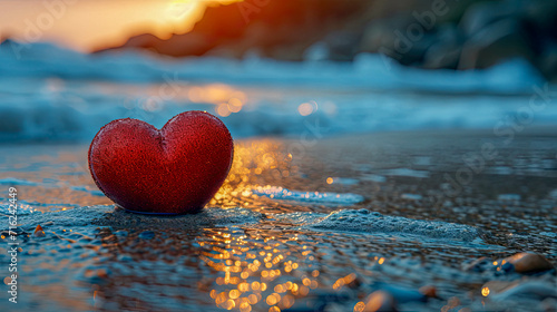 Red heart on the beach at sunset. Valentine's day concept. #716242449