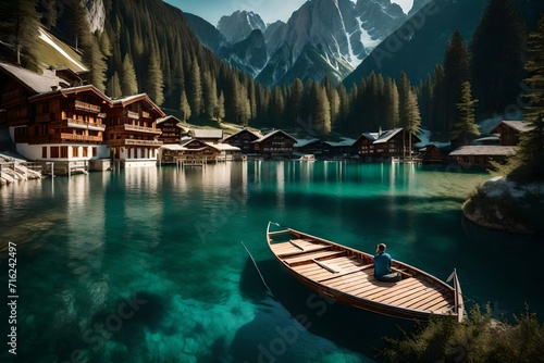 a house and boat lake near mountains in winrer photo