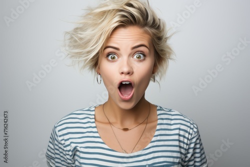 A funny Gen Z blonde girl wearing a striped t-shirt with short blond hair tattoos