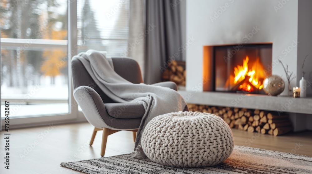 Fototapeta premium Grey chair by fireplace against a window. Modern living room with Scandinavian interior design.