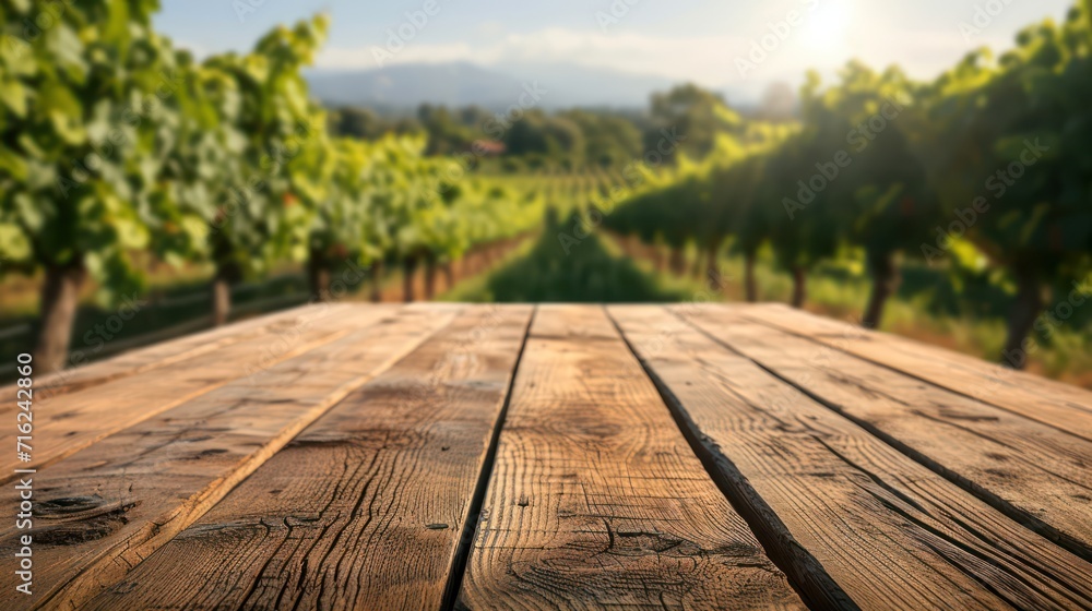 Fototapeta premium Wooden table with vineyard background
