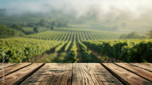 Vineyard background with empty wooden table for product display montages