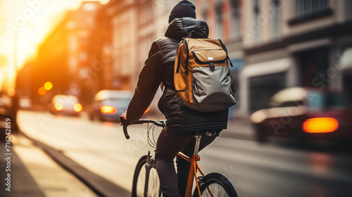 Back view of a young man riding bicycle in the city at sunset