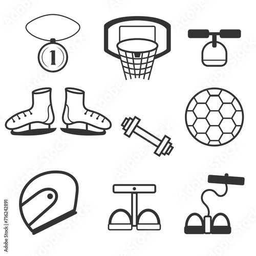 vector icon set complete sports equipment bundle. such as ball, skipping, skateboarding, bowling, basketball, football, athletics and others