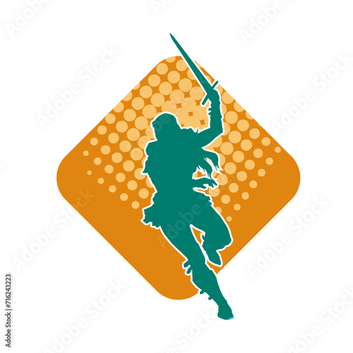 Silhouette of a female fighter in action pose carrying sword weapon.