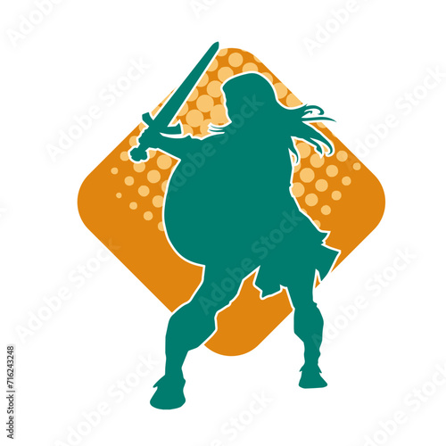 Silhouette of a female fighter in action pose carrying sword weapon.