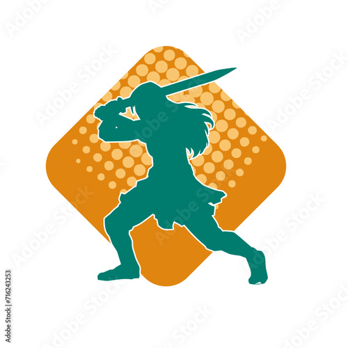 Silhouette of a female fighter in action pose carrying sword weapon.