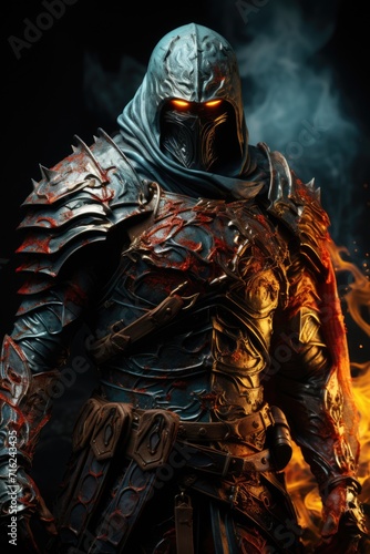 Epic shot, knight in flames standing on a black background, in the style of game wallpaper, chromepunk, hdr, ultra realistic, light cyan and red, epic composition, epic pose, vibrant colors, ult