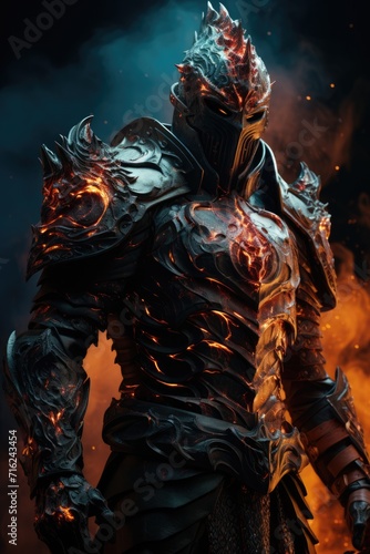 Epic shot, knight in flames standing on a black background, in the style of game wallpaper, chromepunk, hdr, ultra realistic, light cyan and red, epic composition, epic pose, vibrant colors, ult