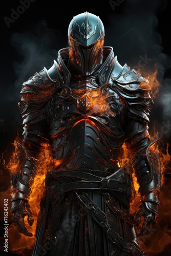 Epic shot, knight in flames standing on a black background, in the style of game wallpaper, chromepunk, hdr, ultra realistic, light cyan and red, epic composition, epic pose, vibrant colors, ult