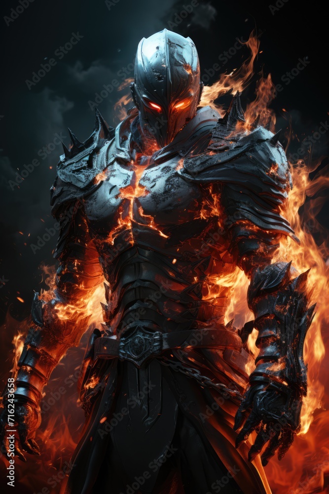 Epic shot, knight in flames standing on a black background, in the style of game wallpaper, chromepunk, hdr, ultra realistic, light cyan and red, epic composition, epic pose, vibrant colors, ult