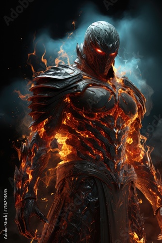 Epic shot, knight in flames standing on a black background, in the style of game wallpaper, chromepunk, hdr, ultra realistic, light cyan and red, epic composition, epic pose, vibrant colors, ult photo