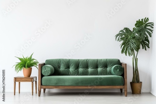 A wooden frame with a green velvet couch, side table, and plants in a living room with an empty white wall. Generative AI