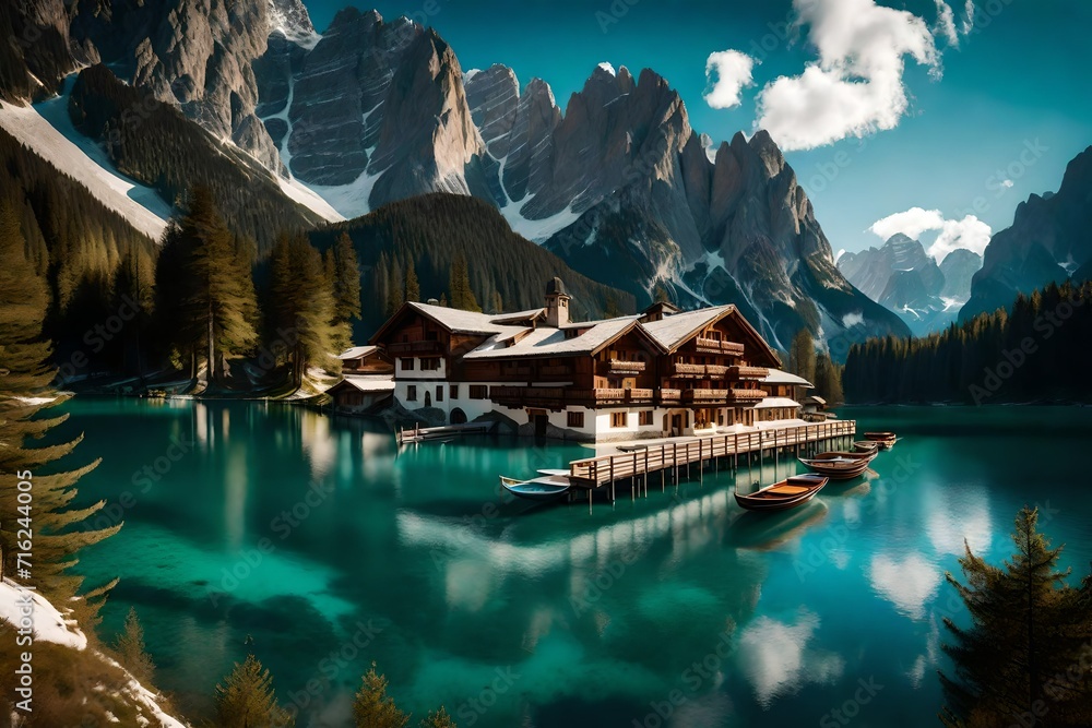 Naklejka premium a house and boat lake near mountains in winrer