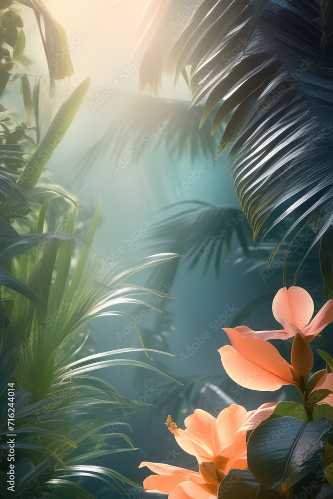 Tropical leaves and colorful flowers background
