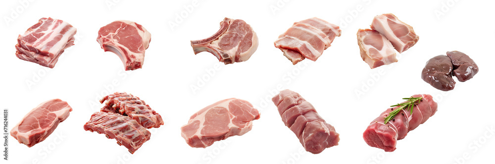 Collection of raw pork parts of meat: Pork Belly, Pork Chop, Pork Jowl, Pork Loin, Pork Tenderloin ,Pork liver , Pork Ribs, Pork Sirloin isolated on transparent background