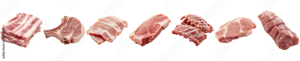 Collection of raw pork parts of meat: Pork Belly, Pork Chop, Pork Jowl, Pork Loin, Pork Tenderloin, Pork Ribs, Pork Sirloin isolated on transparent background