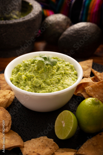 Guacamole. Avocado dip sauce, one of its many ways of consuming it is spread on tortilla chips also called Nachos. Mexican easy homemade sauce recipe very popular.