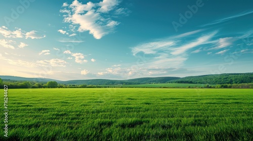 Beautiful summer landscape with green field and blue sky with clouds.