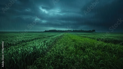 Rain in the field. Dark stormy sky. 