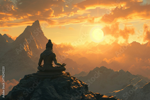 Statue of head of indian hindu Lord Shiva hand holding Trident sitting on mountaint in sunset sunrise time. God Shiva epic pose with trishula, magic in hand for print, poster. Hindu religious art