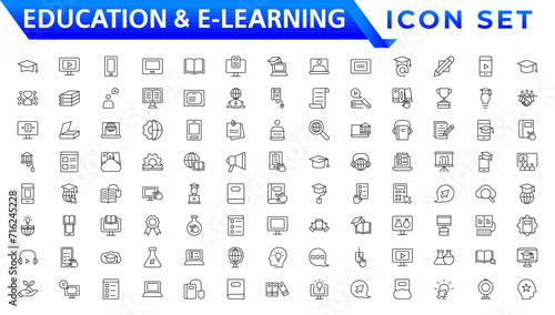 Education and E-Learning web icons in line style. School, university, textbook, learning. Vector illustration