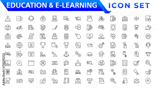 Education and E-Learning web icons in line style. School, university, textbook, learning. Vector illustration