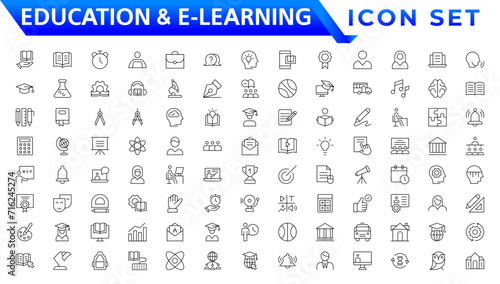 Education and E-Learning web icons in line style. School, university, textbook, learning. Vector illustration