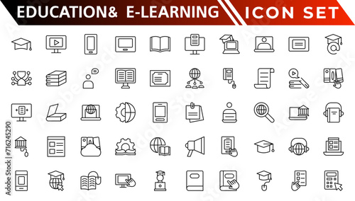 Education and E-Learning web icons in line style. School, university, textbook, learning. Vector illustration