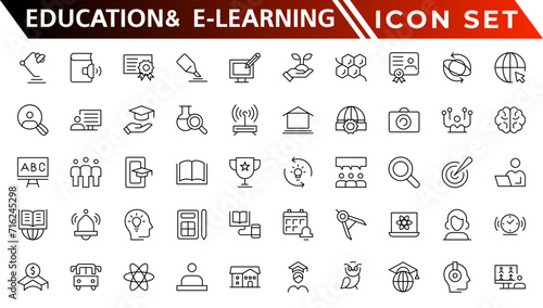 Education and E-Learning web icons in line style. School, university, textbook, learning. Vector illustration