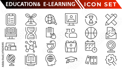 Education and E-Learning web icons in line style. School, university, textbook, learning. Vector illustration