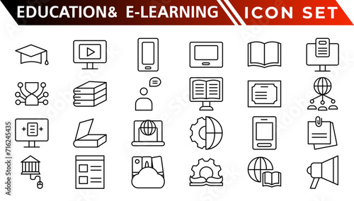 Education and E-Learning web icons in line style. School, university, textbook, learning. Vector illustration