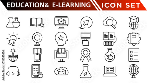 Education and E-Learning web icons in line style. School, university, textbook, learning. Vector illustration
