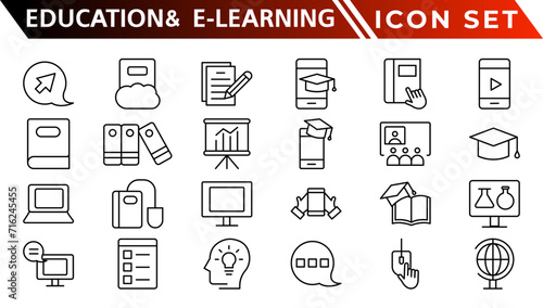 Education and E-Learning web icons in line style. School, university, textbook, learning. Vector illustration