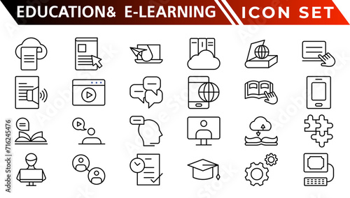 Education and E-Learning web icons in line style. School, university, textbook, learning. Vector illustration