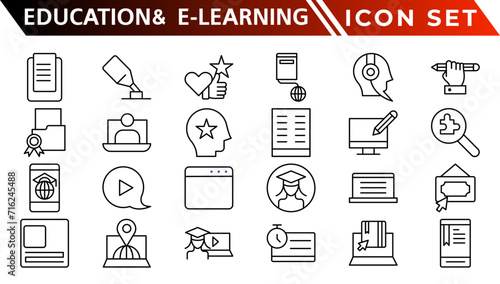 30Education and E-Learning web icons in line style. School, university, textbook, learning. Vector illustration