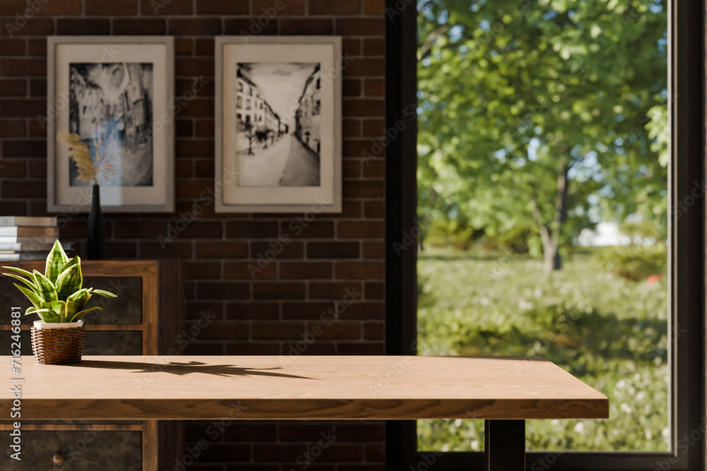 frontal view on empty clean wooden desk workplace; minimalist office background with panoramic view on idyllic garden; digital home office concept; 3D rendering - obrazy, fototapety, plakaty 