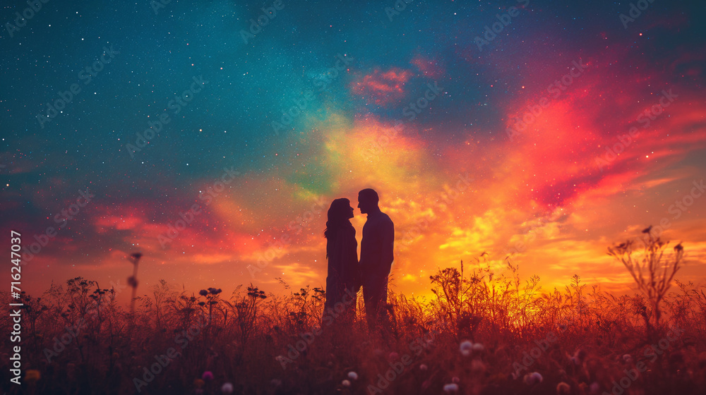 a romantic sunset sky with a rainbow gradient spreading across it, symbolizing love. Include subtle heart shapes and couple silhouettes to enhance the Valentine's theme