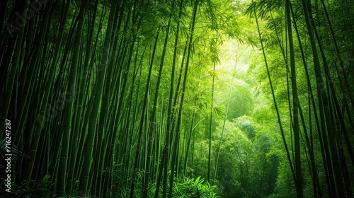 Bamboo forest and green meadow grass with natural light in blur style. Bamboos green leaves and bamboo tree with bokeh in nature forest. Nature pattern view of leaf on blurred greenery background.