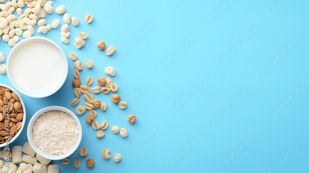 top view of a bottle of milk on the table feels natural, fresh and healthy. Surrounded by whole grains and healthy foods top view of a bottle of milk on the table feels natural, fresh and healthy. Surrounded by whole grains and healthy foods