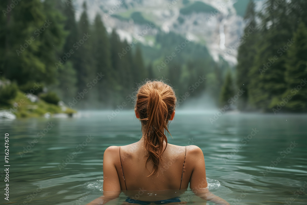 Close-up of a woman practicing wild swimming in a mountain lake, relaxing in nature. Close-up of a woman practicing wild swimming in a mountain lake, relaxing in nature.