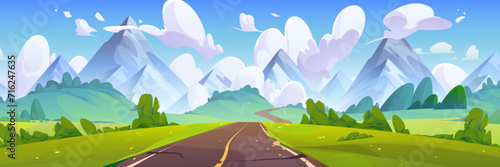 Empty road among field and meadow with green grass and trees, mountains and blue sky with clouds. Cartoon summer vector scenery of highway lead to rocky hills. Countryside landscape with path.