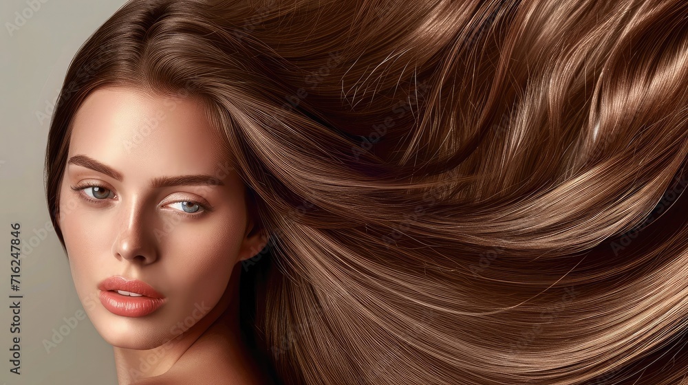 Obraz premium Beautiful model girl with shiny brown straight long hair . Care and hair products .