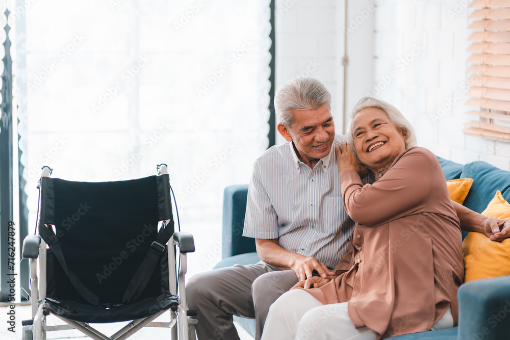 Fototapeta premium Senior Elderly Couple or retired husband and wife helping and take care of each other, Wellness and wellbeing 60s life, romantic love health care time with smile happy enjoy bonding. grow old together