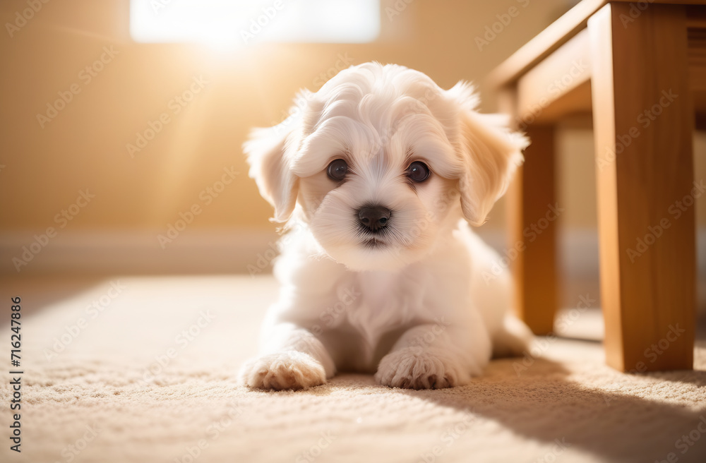 Cute funny puppy maltipu lies on the carpet in the sunlight Cute funny puppy maltipu lies on the carpet in the sunlight