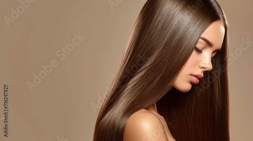 Beautiful model girl with shiny brown and straight long hair . Keratin straightening . Treatment  care and spa procedures. Smooth hairstyle