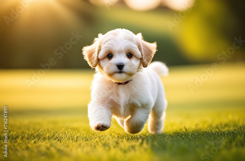 Cute white maltipu puppy runs through the grass in the sunlight